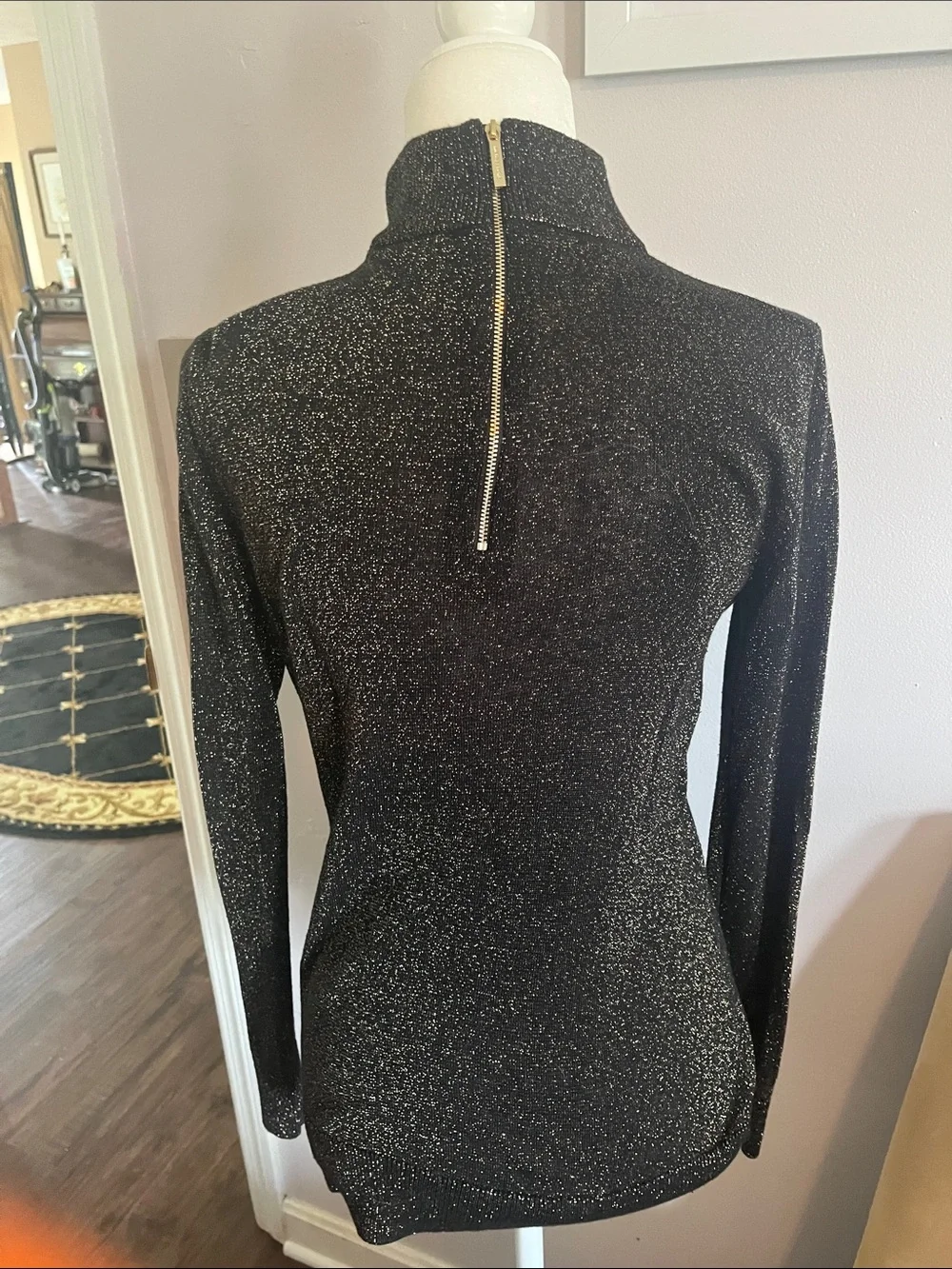 Michael Kors Black Metallic V-Neck Choker Pullover